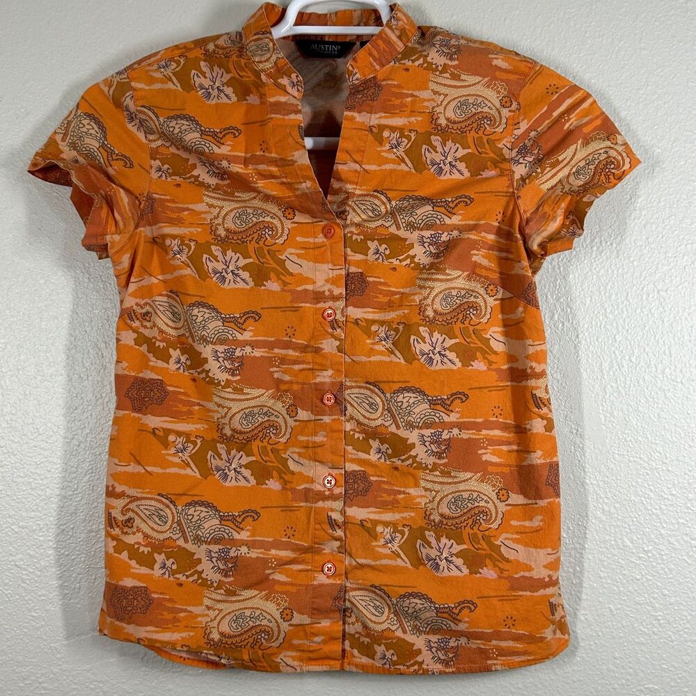 Austin Clothing Co Shirt Womens S Orange Paisley Button Up Short Sleeve Collar